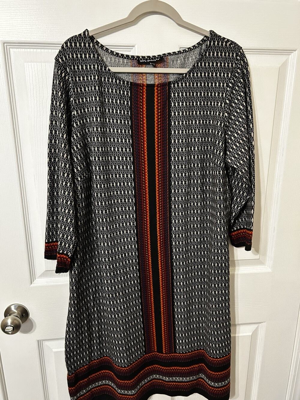 Mlle Gabrielle 2X black White Red Stripe abstract 3/4 sleeve dress NWT